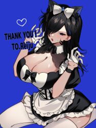 1girl absurdres animal_ear_fluff animal_ears apron ayase_yuu black_dress black_hair blue_background blue_eyes blue_hair bow breasts cleavage dress frilled_dress frills gloves hair_bow hair_over_one_eye half_gloves heart highres kneeling kurage20001 large_breasts long_hair maid multicolored_hair open_mouth phase_connect second-party_source solo streaked_hair sweat thank_you thighhighs virtual_youtuber waist_apron white_apron white_bow white_gloves white_thighhighs