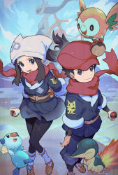 1boy 1girl akari_(pokemon) arceus black_shirt brown_footwear cloud commentary_request creatures_(company) cyndaquil day floating_hair floating_scarf game_freak gen_2_pokemon gen_4_pokemon gen_5_pokemon gen_7_pokemon grey_jacket grey_pants hat headscarf highres holding holding_poke_ball jacket legendary_pokemon loose_socks mythical_pokemon nijimaarc nintendo oshawott outdoors pants poke_ball hisuian_poke_ball pokemon pokemon_(creature) pokemon_legends:_arceus ponytail red_headwear red_scarf rei_(pokemon) rowlet sash scarf shirt shoes sidelocks sky socks starter_pokemon_trio white_headscarf white_headwear