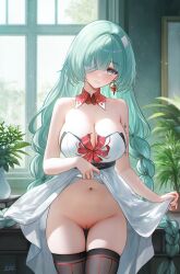 Rule 34 | 1girl, absurdres, alternate costume, bandage over one eye, bare shoulders, black thighhighs, blush, braid, breasts, cleavage, closed mouth, clothes lift, collar, commentary, detached collar, dress, dress lift, earrings, fingernails, grey eyes, grey hair, highres, indoors, jewelry, large breasts, lifting own clothes, liht, long hair, looking at viewer, low twin braids, nail polish, navel, no panties, phrolova (wuthering waves), pussy, red collar, red nails, red pupils, signature, skindentation, solo, stomach, tacet mark (wuthering waves), thighhighs, thighs, twin braids, uncensored, white dress, wuthering waves