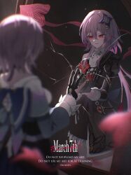 Rule 34 | 2girls, absurdres, archery shooting glove, black dress, black flower, black gloves, broken mirror, commentary request, different reflection, dress, dual persona, english text, evernight (honkai: star rail), flower, gloves, hair between eyes, hair flower, hair ornament, highres, holding, holding umbrella, honkai: star rail, honkai (series), long hair, long sleeves, looking at mirror, march 7th (honkai: star rail), mirror, multiple girls, official alternate costume, official alternate eye color, partially fingerless gloves, pink hair, red eyes, reflection, rok8284, twitter username, umbrella