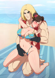 Rule 34 | absurdres, barefoot, beach, beach towel, bikini, black gloves, blonde hair, blue choker, blush, bow, brown hair, capcom, choker, chun-li, closed eyes, clothed sex, clothing aside, double bun, fingering, fingering from behind, flower, gloves, grabbing another&#039;s breast, groping, hair bun, hair flower, hair ornament, hair tie, highres, ken masters, non-web source, ocean, panties, panties aside, sand, sex, sex from behind, street fighter, swimsuit, towel, underwear
