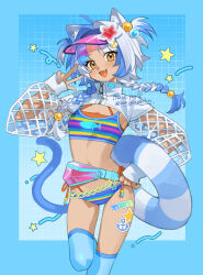 1girl absurdres animal_ears bikini blue_bikini blue_hair blue_thighhighs braid breasts cat_ears cat_tail fang hand_up highres long_hair long_sleeves looking_at_viewer multicolored_hair open_mouth original shrug_(clothing) small_breasts smile solo striped_bikini striped_clothes swimsuit tail temu_(tem27) thighhighs thighs twin_braids two-tone_hair visor_cap white_hair white_shrug