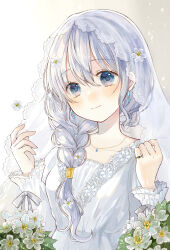 1girl blue_eyes blue_gemstone blue_hair blush bow braid breasts bush chain closed_mouth collarbone commentary_request curly_sidelocks dress earrings floral_print flower frilled_sleeves frills gem gold_chain hair_between_eyes hair_flower hair_ornament hair_over_shoulder hands_up highres jewelry long_hair long_sleeves looking_at_viewer necklace original ornate_ring puffy_long_sleeves puffy_sleeves ring sidelocks sleeve_bow small_breasts smile solo teardrop-shaped_gem teardrop_earrings tententuyu upper_body veil water_drop white_bow white_dress white_flower white_veil