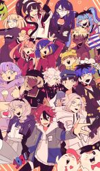 Rule 34 | 6+boys, 6+girls, :d, \||/, ^ ^, absurdres, ahoge, amemiya darumi, aotsuki eito, ariminasan, black bow, black choker, black dress, black gloves, black hair, black hairband, black hat, black jacket, black kimono, black nails, black sailor collar, black shirt, black skirt, black streaks, blonde hair, blue eyes, blue hair, blue hat, blue jacket, blunt bangs, blush, bow, bow hairband, bowtie, braid, brown hair, choker, closed eyes, commentary, crossed arms, dark-skinned female, dark-skinned male, dark skin, double bun, dougi, dress, dripping eye, earrings, english commentary, everyone, eye print, eyepatch, eyes visible through hair, face piercing, facial mark, fingernails, fire, food print, gakuran, ginzaki shouma, glasses, gloves, green hat, grey eyes, grey hair, grey jacket, grey skirt, hair bow, hair bun, hairband, hand on another&#039;s arm, hand on own leg, hat, heart, heart facial mark, heart print, highres, holding, holding sword, holding weapon, holy jumonji sword, hood, hoodie, ice cream print, jacket, jacket over hoodie, japanese clothes, jewelry, kawana tsubasa, kimono, kirifuji nozomi, labret piercing, long hair, looking at viewer, magadori kyoshika, makeup, maruko gaku, mask, mojiro moko, multicolored hair, multicolored jacket, multiple boys, multiple girls, necktie, nigou (hundred line), no mask, omokage yugamu, one eye closed, oosuzuki kurara, open mouth, orange background, outstretched arm, outstretched hand, pants, piercing, pink eyes, pink fire, pink hair, ponytail, print eyepatch, purple eyes, purple hair, red bow, red bowtie, red choker, red eyes, red hair, red hat, red necktie, red serafuku, runny makeup, safety pin, sailor collar, school uniform, serafuku, sharp fingernails, shion (hundred line), shirt, shizuhara hiruko, short hair, sirei (hundred line), skirt, smile, sparkle, streaked hair, striped clothes, striped shirt, sumino takumi, sunglasses, sweat, sword, the hundred line -last defense academy-, triangular eyewear, tsukumo ima, tsukumo kako, twintails, two-tone jacket, unworn mask, v, weapon, white hair, white hoodie, white jacket, white pants, white shirt, yakushiji takemaru