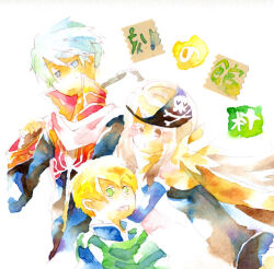 Rule 34 | 1girl, 2boys, alchemist (ragnarok online), bandana, bard (ragnarok online), black bandana, black coat, black dress, blonde hair, brown cape, brown eyes, cape, closed mouth, coat, commentary request, dress, expressionless, green eyes, grey eyes, grey hair, long hair, long sleeves, looking at viewer, multicolored coat, multiple boys, painting (medium), priest (ragnarok online), ragfes, ragnarok online, red coat, sansaro, short hair, simple background, skull and crossbones, solo, traditional media, two-tone coat, upper body, watercolor (medium), white background