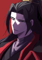 1boy black_eyes black_hair black_hanfu chinese_clothes hair_ornament hairpin hanfu high_ponytail highres jia_qiu_(project_moon) limbus_company limeu0107 long_hair male_focus open_mouth ponytail project_moon red_background red_scarf scar scar_on_face scarf serious sidelocks solo stole upper_body