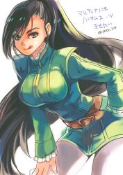 1girl alternate_hair_color belt black_hair blue_eyes breasts brown_belt dragon_quest dragon_quest_xi dress green_dress hand_on_own_hip large_breasts leaning_forward licking_lips long_hair long_sleeves looking_at_viewer martina_(dq11) pantyhose ponytail satounu short_dress solo tongue tongue_out twitter_username very_long_hair white_pantyhose