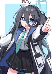 1girl :d absurdly_long_hair absurdres aqua_halo aqua_necktie aris_(blue_archive) black_hairband black_skirt blue_archive blue_background blue_eyes border bright_pupils character_snowman chinese_commentary collared_shirt commentary_request cowboy_shot doodle_sensei_(blue_archive) dot_nose double-parted_bangs grey_hair hair_between_eyes hairband halo highres jacket long_bangs long_hair long_hair_between_eyes long_sidelocks long_sleeves looking_at_viewer mogu_kinoko multicolored_jacket necktie one_side_up open_clothes open_jacket open_mouth outside_border outstretched_arm pleated_skirt pocket pointing pointing_at_viewer puffy_long_sleeves puffy_sleeves rectangular_halo ringed_eyes school_uniform sensei_(blue_archive) shirt shirt_tucked_in sidelocks skirt smile snowman_on_head solo two-sided_fabric two-sided_jacket v-shaped_eyebrows very_long_hair white_border white_jacket white_shirt