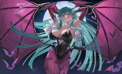 Rule 34 | 1girl, animal print, aqua eyes, aqua hair, ayacho, bat print, bat wings, breasts, bridal gauntlets, clothing cutout, darkstalkers, demon girl, fur-trimmed leotard, fur trim, head wings, heart cutout, highleg, highleg leotard, highres, large breasts, leotard, looking at viewer, morrigan aensland, off-shoulder leotard, pantyhose, print pantyhose, purple pantyhose, purple wings, smile, solo, wings