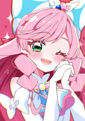 Rule 34 | 1girl, absurdres, artist name, ascot, bow, braid, brooch, commentary, crown braid, cure prism, dress, elbow gloves, glove bow, gloves, green eyes, hair bow, highres, hirogaru sky! precure, interlocked fingers, jewelry, long hair, magical girl, nijigaoka mashiro, one eye closed, open mouth, own hands together, pink hair, pixiv username, portrait, potacure, precure, side braids, sleeveless, sleeveless dress, smile, solo, twitter username, white ascot, white bow, white dress, white gloves, wing brooch