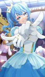 Rule 34 | 2boys, 2girls, bibbidiba (hololive), blue dress, blue eyes, blue hair, crown, dress, gloves, highres, hololive, hoshimachi suisei, jewelry, long hair, looking at viewer, multiple boys, multiple girls, official alternate costume, pina710, ponytail, ring, smile, star (symbol), star in eye, symbol in eye, virtual youtuber, white gloves