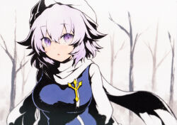 1girl :o bare_tree blue_vest breasts hat highres letty_whiterock long_sleeves looking_at_viewer medium_hair open_mouth pink_hair purple_eyes rinka_(qqqrinkappp) scarf solo touhou traditional_media tree upper_body vest white_hat white_scarf white_sleeves