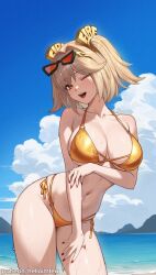 1girl alternate_costume bare_shoulders beach bikini blonde_hair blue_sky breasts burnice_white cleavage cloud collarbone commentary day english_commentary eyewear_on_head fingernails gold_bikini golden_week_bikini hair_ornament halterneck hand_on_own_arm hand_on_own_thigh helloimtea highres large_breasts leaning_forward looking_at_viewer nail_polish navel ocean one_eye_closed open_mouth orange-tinted_eyewear orange_eyes outdoors paid_reward_available patreon_username red_nails short_hair side-tie_bikini_bottom sky smile solo stomach string_bikini sunglasses swimsuit teeth tinted_eyewear upper_teeth_only wet zenless_zone_zero