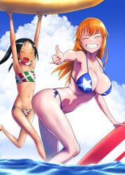 Rule 34 | 2girls, bikini, black hair, blue bikini, blush, breasts, charlotte e. yeager, cleavage, closed eyes, flag print, flag print bikini, francesca lucchini, grin, highres, italian flag bikini, italian flag print, large breasts, long hair, multiple girls, navel, orange hair, outdoors, print bikini, shiri chin, side-tie bikini bottom, sky, smile, strike witches, surfboard, swimsuit, thumbs up, twintails, world witches series