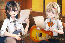 2girls @_@ absurdres arisyooon black_hair blonde_hair blue_horns blue_nails bow bowtie classroom electric_guitar grey_necktie guitar hair_between_eyes highres holding holding_paper holding_pencil horns ichinose_uruha ichinose_uruha_(6th_costume) instrument komori_met locker lupinus_virtual_games medium_hair multicolored_hair multiple_girls nail_polish necktie open_mouth orange_bow orange_bowtie orange_nails paper pencil pleated_skirt shaking shirt short_sleeves signature sitting skirt sleeves_rolled_up small_horns streaked_hair sweatdrop virtual_youtuber vspo! white_shirt window wooden_floor