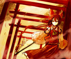 1girl ascot bare_shoulders bow brown_eyes brown_hair detached_sleeves female_focus gohei hair_bow hair_tubes hakurei_reimu haraegushi md5_mismatch multiple_torii necro_(nekurodayo) oonusa solo torii touhou
