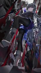1girl absurdres animal_ear_fluff animal_ears arknights black_coat black_hair black_pantyhose black_vest blue_gloves blue_necktie blue_shorts coat coat_on_shoulders fingerless_gloves gloves highres holding holding_sword holding_weapon looking_down necktie official_alternate_costume pantyhose pantyhose_under_shorts shorts solo sword tail texas_(arknights) texas_the_omertosa_(arknights) torn_clothes torn_necktie vest weapon wolf wolf_ears wolf_girl wolf_tail z15781