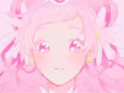 1girl beads blush circlet closed_mouth clover_earrings colored_eyelashes cone_hair_bun cure_yell daisy_(flower) double_bun expressionless flower four-leaf_clover_earrings hair_beads hair_bun hair_flower hair_ornament hair_ribbon heart heart_hair_ornament hugtto!_precure light_frown light_particles lipstick long_hair magical_girl makeup mascara nachuchoco nono_hana pink_background pink_eyes pink_hair pink_lips portrait precure red_ribbon ribbon simple_background solo straight-on tareme very_long_hair white_flower