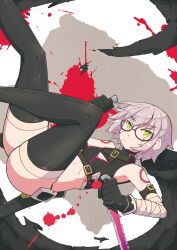1girl black-framed_eyewear black_gloves black_shirt black_thighhighs blood blood_splatter breasts closed_mouth commentary_request crop_top dagger dual_wielding falling fate/apocrypha fate_(series) feet_out_of_frame glasses gloves green_eyes grey_hair highres holding holding_dagger holding_knife holding_weapon jack_the_ripper_(fate/apocrypha) knife kokuya_(kokuya28) looking_at_viewer midriff shirt short_hair sleeveless sleeveless_shirt small_breasts solo thighhighs weapon
