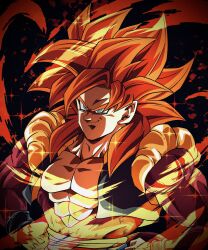 Rule 34 | 1boy, abs, absurdres, blue eyes, blue sash, body fur, dragon ball, dragon ball gt, gogeta, highres, long hair, male focus, metamoran vest, monkey boy, monkey tail, muscular, muscular male, noir illust, pants, pectorals, red fur, red hair, saiyan, sash, smile, solo, spiked hair, super saiyan, super saiyan 4, tail, white pants