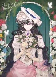1girl against_door black_hair bouquet bug butterfly closed_mouth dress flower gloves gown hair_between_eyes hands_up happy_birthday hat highres holding holding_bouquet insect isolde_(reverse:1999) juliet_sleeves lily_(flower) long_dress long_hair long_sleeves looking_at_viewer puffy_sleeves purple_eyes rang_wo_zai_shui_10_fenzhong red_flower reverse:1999 smile solo tilted_headwear upper_body veil very_long_hair wavy_hair white_butterfly white_dress white_flower white_hat white_veil yellow_gloves