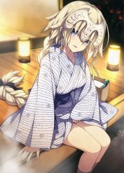 1girl arm_at_side basket bath_yukata black_ribbon blonde_hair blue_eyes blurry braid breasts chaldea_logo crystal depth_of_field fate/apocrypha fate/grand_order fate_(series) hair_ribbon head_tilt headpiece japanese_clothes jeanne_d&#039;arc_(fate) jeanne_d&#039;arc_(ruler)_(fate) kimono lantern light_particles long_hair long_sleeves looking_at_viewer medium_breasts night onsen open_mouth revision ribbon saipaco sash single_braid sitting sleeves_past_wrists smile soaking_feet solo steam towel transparent very_long_hair water wide_sleeves wooden_floor yukata