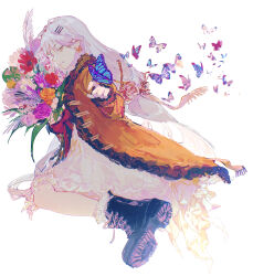 1girl absurdres black_boots boots bouquet bow bug butterfly butterfly_on_hand dress earrings floating flower flower_earrings full_body hair_ornament hairclip highres holding holding_bouquet insect jewelry light_smile long_hair looking_to_the_side orange_robe original parted_lips red_bow ringein robe solo white_background white_dress white_hair yellow_eyes