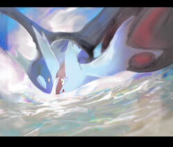 above_clouds absurdres animal_focus blurry cloud day depth_of_field dragon flying from_side gen_3_pokemon happy highres latias latios legendary_pokemon letterboxed nintendo no_humans open_mouth outdoors pokemon pokemon_(creature) profile rey_(pixiv_95560830) smile yellow_eyes
