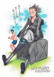 1boy 1girl blush brown_hair capcom company_connection crossover dead_rising dead_rising_1 frank_west g-room_honten green_eyes hairband lost_planet lost_planet_colonies parody sitting sweat translated undressing