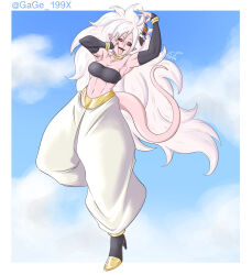 1girl android_21 armpits arms_up bare_shoulders black_sclera bracelet breasts candy chocolate chocolate_bar cleavage colored_sclera colored_skin detached_sleeves dragon_ball dragon_ball_fighterz ear_piercing female_focus full_body gage_199x harem_pants highres jewelry large_breasts long_hair majin_android_21 navel pants piercing pink_skin pointy_ears red_eyes solo strapless tail tongue tongue_out tube_top very_long_hair white_hair