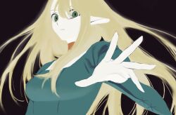 1girl angry black_background blonde_hair blue_dress breasts dress dungeon_meshi elf floating_hair foreshortening frs2 green_eyes highres long_hair long_sleeves looking_at_viewer marcille_donato medium_breasts pale_skin pointy_ears simple_background solo upper_body very_long_hair wide_sleeves