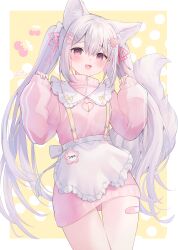 1girl :3 =_hair_ornament absurdres animal_ear_fluff animal_ears apron bandaid_on_thigh blush breasts cleavage cleavage_cutout clothing_cutout commentary flower fox_ears fox_girl fox_tail frilled_apron frills hair_between_eyes hair_flower hair_ornament hands_up heart heart_cutout heart_hair_ornament highres inari_hinano indie_virtual_youtuber inset_border long_hair long_sleeves looking_at_viewer medium_breasts open_mouth pink_eyes pink_sweater rucaco signature sleeves_past_wrists smile solo standing sweater tail thighs twintails very_long_hair virtual_youtuber white_apron white_background white_hair yellow_background zipper