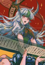 2girls :o arm_support blue_dress bow dated dress dual_persona ex-keine fangs floating_hair green_dress green_hair highres horn_bow horn_ornament horns kamishirasawa_keine long_hair multicolored_hair multiple_girls neckerchief necktie noriuma open_mouth puffy_short_sleeves puffy_sleeves red_bow red_eyes red_neckerchief red_necktie scroll short_sleeves signature streaked_hair touhou very_long_hair white_hair