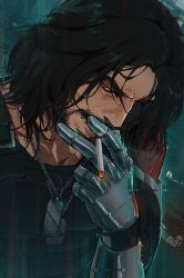 Rule 34 | 1boy, beard, brown eyes, cigarette, cyberpunk (series), cyberpunk 2077, dog tags, facial hair, highres, holding, holding cigarette, johnny silverhand, mechanical arms, single mechanical arm, slackdzove, smoking, solo, upper body