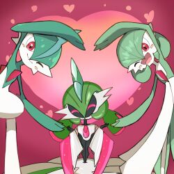 1boy 1girl 1other ^_^ arm_blade arm_up black_skin blue_hair blush blush_stickers bob_cut closed_eyes closed_mouth colored_skin flat_chest gallade gardevoir gen_3_pokemon gen_4_pokemon green_hair green_skin hair_between_eyes hands_up happy heart heart_arms heart_arms_trio heart_background highres humanoid_robot iron_valiant joints looking_at_viewer mohawk monya multicolored_hair multicolored_skin nintendo one_eye_closed open_mouth pink_background pokemon pokemon_(creature) red_eyes red_hair robot robot_joints short_hair smile standing symmetry twintails two-tone_hair two-tone_skin weapon white_skin wink