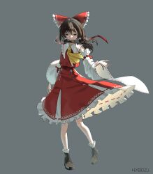 1girl absurdres artist_name ascot bow brown_eyes brown_hair brown_shoes closed_mouth collar collared_shirt commentary_request detached_sleeves expressionless frilled_bow frilled_hair_tubes frilled_shirt_collar frilled_skirt frilled_socks frills full_body grey_background hair_bow hair_tubes hakurei_reimu highres hxbdzj long_sleeves red_ribbon red_shirt ribbon ribbon-trimmed_sleeves ribbon_trim shirt shoes simple_background skirt skirt_set socks standing standing_on_one_leg touhou white_socks wide_sleeves