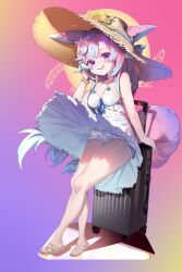 1girl animal_ear_fluff animal_ears bad_source bare_shoulders bloomers blush bracelet breasts clothes_lift dress dress_lift feet flower_in_hat fox_ears fox_girl fox_tail frills full_body gradient_background gradient_hair hair_between_eyes hand_on_own_face hat highres indie_virtual_youtuber jewelry long_bangs looking_at_viewer multicolored_hair official_art open_mouth pink_hair purple_eyes sandals shadow sidelocks simple_background sitting sleeveless sleeveless_dress smile solo straw_hat suitcase sun tail teeth teletha_(vtuber) underwear upper_teeth_only virtual_youtuber white_bloomers white_dress
