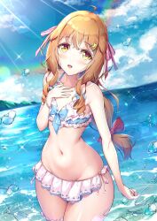 1boy androgynous bare_arms bare_legs bare_shoulders bikini bikini_skirt blue_sky blush bow cloud collarbone commentary_request crossdressing curvy day fingernails frilled_bikini frills hair_between_eyes hair_bow hair_ornament highres horizon lens_flare long_hair looking_at_viewer marine_day natsusora_wakana navel novady ocean open_mouth orange_hair original outdoors shiny_skin sky smile standing star_(symbol) star_hair_ornament swimsuit thick_thighs thighs trap very_long_hair wading water_drop wavy_hair white_bikini wide_hips