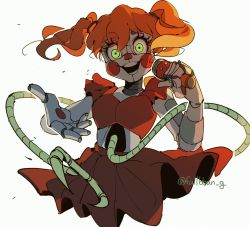 1girl circus_baby_(fnaf) blush_stickers dress five_nights_at_freddy&#039;s five_nights_at_freddy&#039;s:_sister_location fullbban_g green_eyes highres holding holding_microphone microphone orange_hair red_dress robot short_hair smile solo twintails