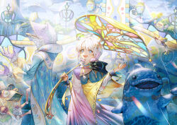 1girl :d ahoge blue_eyes blue_nails day fantasy frog hair_ornament highres holding holding_umbrella lizardman long_sleeves manta_ray medium_hair open_mouth original outdoors robe sho_(sumika) smile sunlight umbrella white_hair