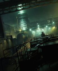 1boy absurdres buster_sword cloud_strife commentary english_commentary final_fantasy final_fantasy_vii highres josusolano magic:_the_gathering night nuclear_reactor official_art on_train pipeline railing scenery solo spiked_hair sword sword_on_back train weapon weapon_on_back