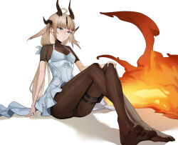 1girl ahoge aoi_wakashi_chiyo arknights black_panties blonde_hair blue_eyes blunt_bangs brown_horns brown_pantyhose closed_mouth commentary covered_collarbone crossed_legs dress expressionless feet fire full_body hand_on_own_knee highres horns long_hair looking_ahead no_shoes panties pantyhose reed_(arknights) reed_the_flame_shadow_(arknights) short_sleeves simple_background sitting soles solo thigh_strap toes underwear white_background white_dress