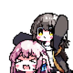 2girls animated animated_gif black_jacket bonk chibi downvote_(downvote_me) earrings grey_hair honkai:_star_rail honkai_(series) jacket jewelry march_7th_(honkai:_star_rail) march_7th_(preservation)_(honkai:_star_rail) medium_hair multiple_girls open_mouth pink_hair pixel_art shirt simple_background single_earring stelle_(honkai:_star_rail) trailblazer_(honkai:_star_rail) white_background white_shirt yellow_eyes