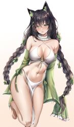 1girl animal_ears bare_legs bare_shoulders barefoot black_hair braid breasts cat_ears cleavage commentary criss-cross_halter crop_top detached_collar detached_sleeves english_commentary green_eyes green_sleeves hair_ornament hairclip halterneck highres indie_virtual_youtuber kitsunya_(vtuber) large_breasts long_hair long_sleeves looking_at_viewer midriff navel no_panties parted_lips pelvic_curtain revealing_clothes rinkosannn second-party_source shirt simple_background sleeveless sleeveless_shirt sleeves_past_fingers sleeves_past_wrists solo spaghetti_strap stomach thighs twin_braids twintails very_long_hair virtual_youtuber white_background white_shirt