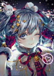 Rule 34 | akizero1510, bell, blue eyes, blue hair, bow, christmas, hair bobbles, hair bow, hair ornament, hatsune miku, heart, highres, jingle bell, lips, looking at viewer, one eye closed, paw pose, portrait, red bow, red ribbon, ribbon, smile, solo, spoken heart, star (symbol), star hair ornament, twintails, vocaloid