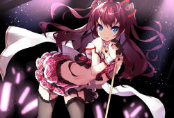 10s 1girl :3 black_thighhighs blue_eyes blush bow breasts brown_hair cleavage female_focus garter_straps hair_bow heart heart_necklace highres ichinose_shiki idolmaster idolmaster_cinderella_girls jewelry lace lace-trimmed_legwear lace_trim long_hair looking_at_viewer microphone microphone_stand midriff nail_polish navel necklace pearl_necklace red_nails saru skirt smile solo thighhighs twintails two_side_up zettai_ryouiki