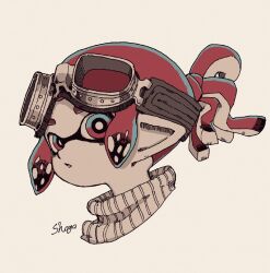 Rule 34 | 1girl, artist name, commentary request, goggles, goggles on head, inkling, inkling girl, inkling player character, looking at viewer, nintendo, open mouth, pointy ears, red hair, shogo (shogo70449442), short hair, signature, simple background, solo, splatoon (series), splatoon 3, sweater, tentacle hair, white background, white sweater