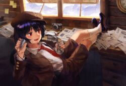 1girl antique_phone black_hair black_shoes brown_shorts cabbie_hat camera candlestick_phone clock commentary_request desk full_body hat highres indoors kneehighs loafers long_hair necktie newspaper open_mouth pen pointy_ears red_eyes red_necktie satellitedragon shameimaru_aya shameimaru_aya_(newsboy) shirt shoes shorts socks solo sticky_note touhou white_shirt white_socks window