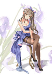 1girl absurdres black_choker black_pantyhose blue_dress blush bow bracelet breasts brown_eyes brown_hair chair choker cleavage collarbone crossed_arms crossed_legs dress floral_background full_body garter_straps girls&#039;_frontline gonzz_(gon2rix) hair_bow high_heels highres jewelry k2_(before_dawn)_(girls&#039;_frontline) k2_(girls&#039;_frontline) long_hair looking_at_viewer medium_breasts official_alternate_costume pantyhose purple_bow side_ponytail sitting solo strapless white_background