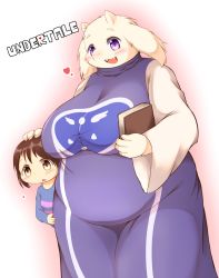 1boy 1girl breasts brown_hair copyright_name family fat frisk_(undertale) furry highres large_breasts mother_and_son open_mouth purple_eyes radio_(radio-tou) short_hair toriel undertale yellow_eyes
